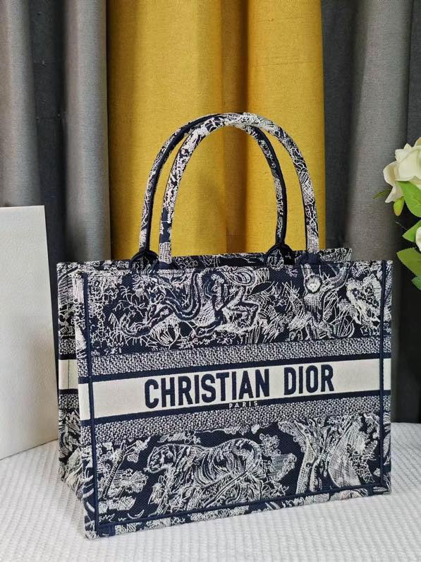 LARGE D10r BOOK TOTE Blue and Ecru Toile de Jouy Reverse Embroidery 16.5 x 14 x 7.5 inches