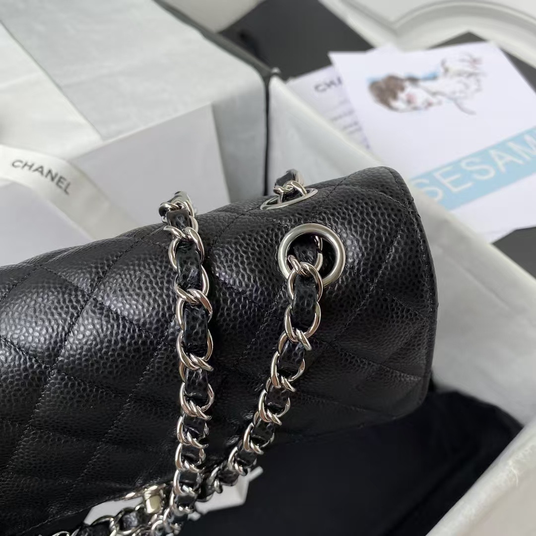 Ch**el SMALL CLASSIC HANDBAG Grained Calfskin & Silver-Tone Metal Black 5.7 × 9 × 2.3 in