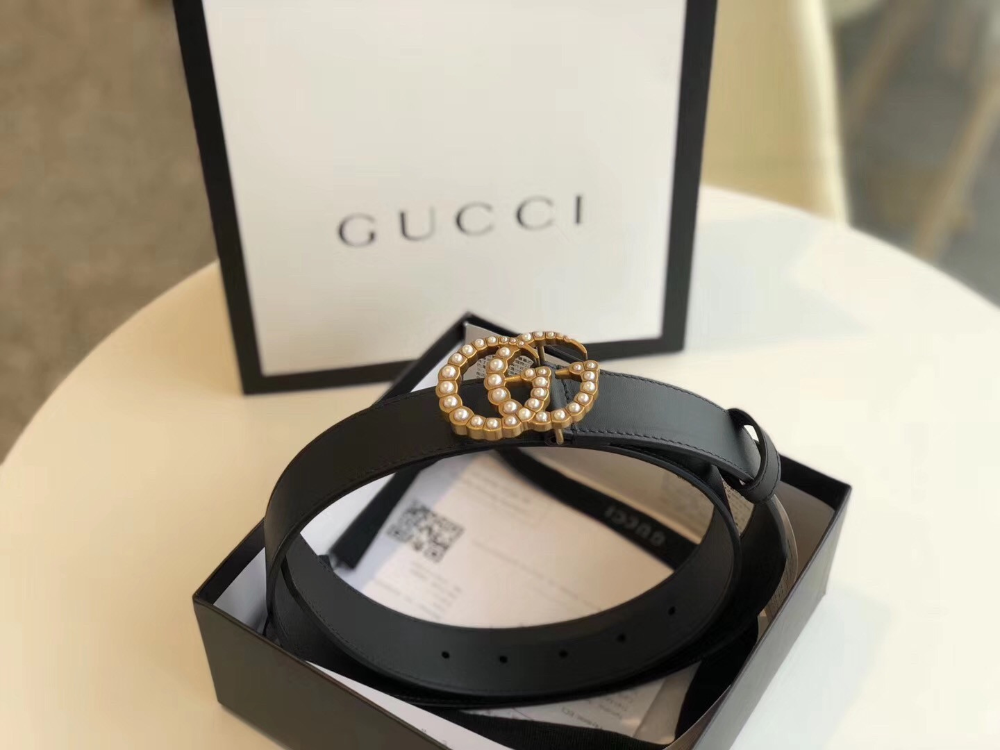 Gvc*1 Leather belt with pearl Double G women belt