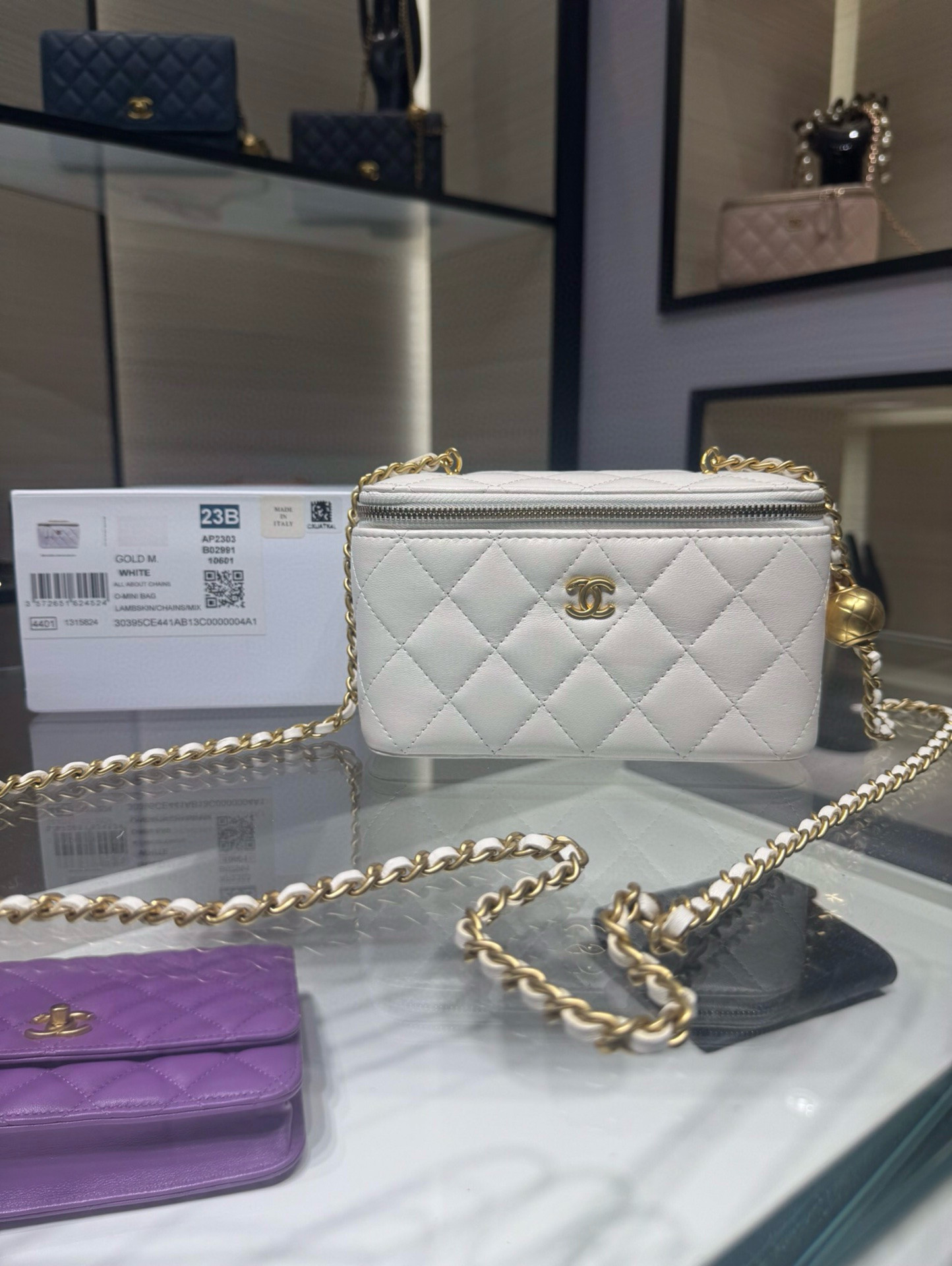 Ch**el Walnut Gold Ball Chain with Makeup Mirror Lamb Leather Square Box Shoulder Bag Women's White 17x 9.5x 8CM