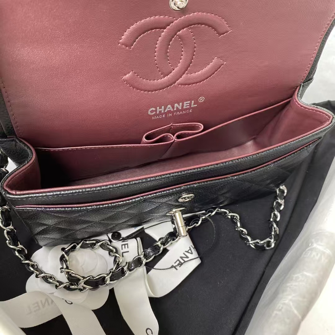 Ch**el SMALL CLASSIC HANDBAG Grained Calfskin & Silver-Tone Metal Black 5.7 × 9 × 2.3 in