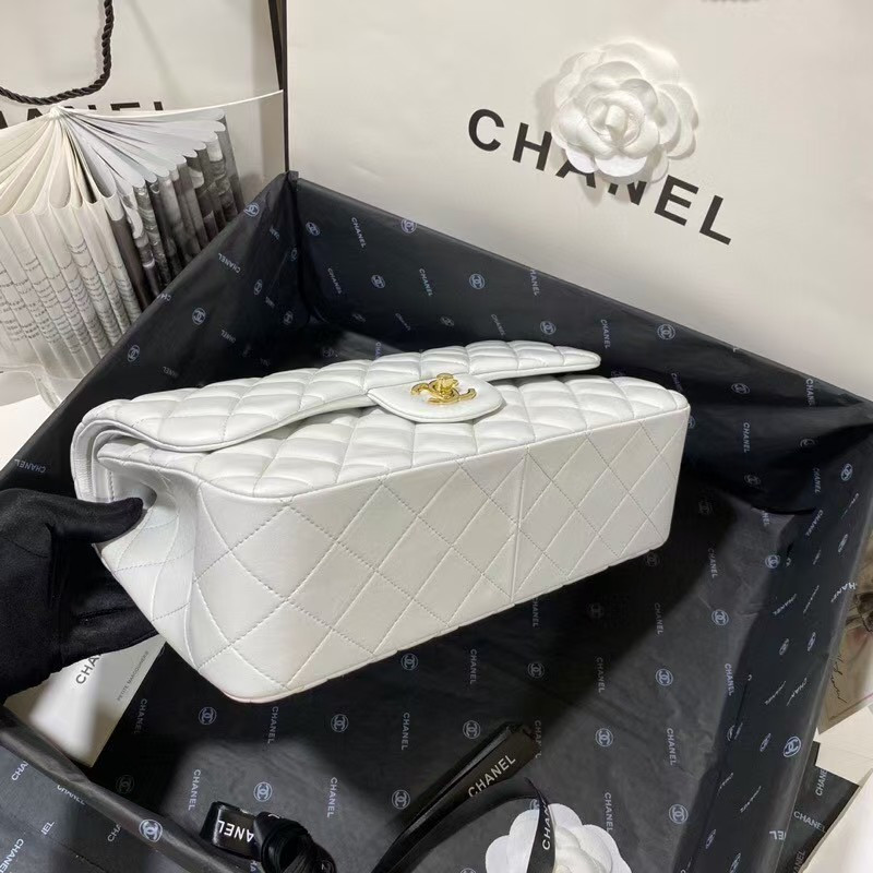 Ch**el Classic Flap Jumbo 30cm CF White Gold 7.6 × 11.7 × 3.9 in