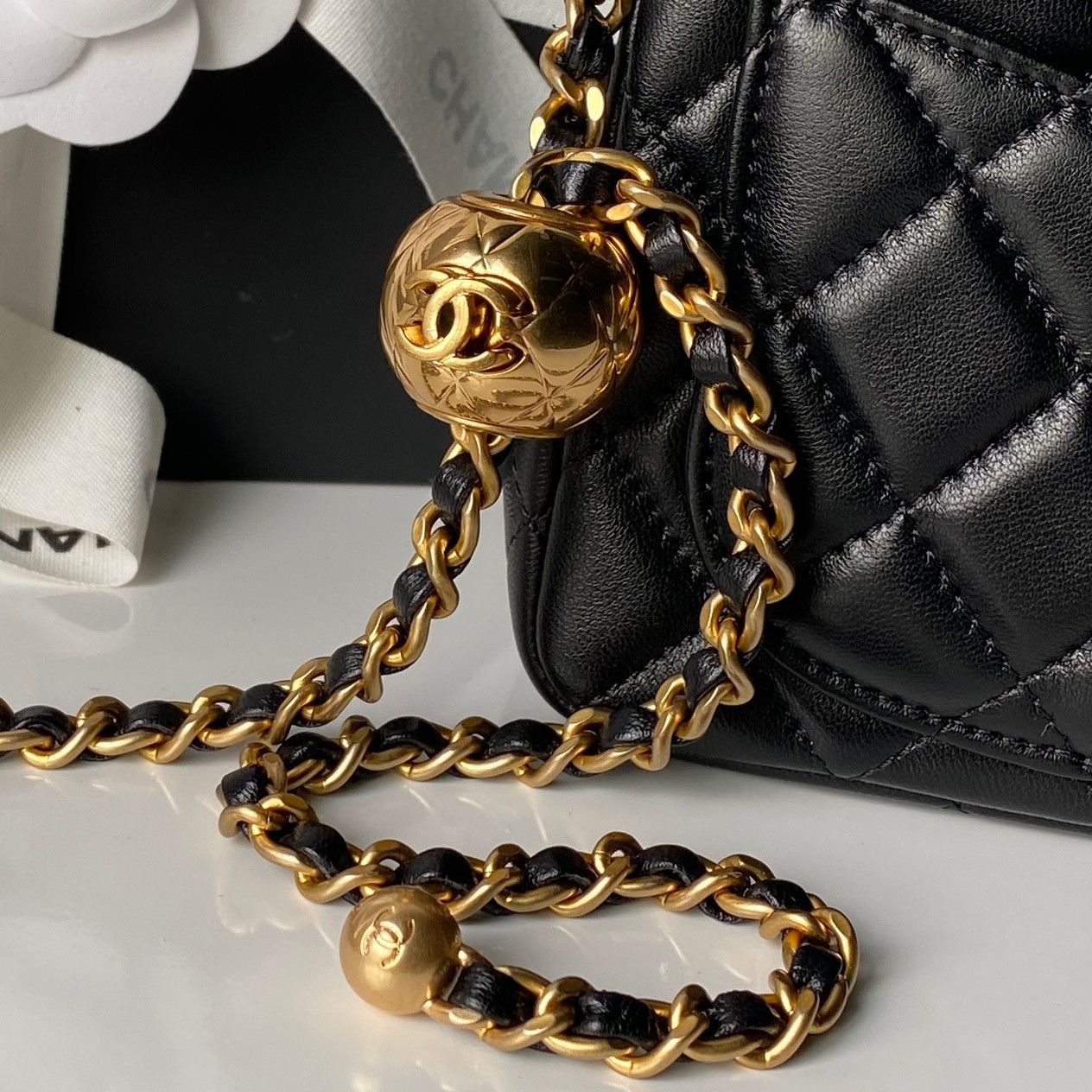 Ch**el MINI FLAP BAG SHINY CALFSKIN & Gold-Tone METAL BLACK 5.3 × 6.6 × 3.1 in
