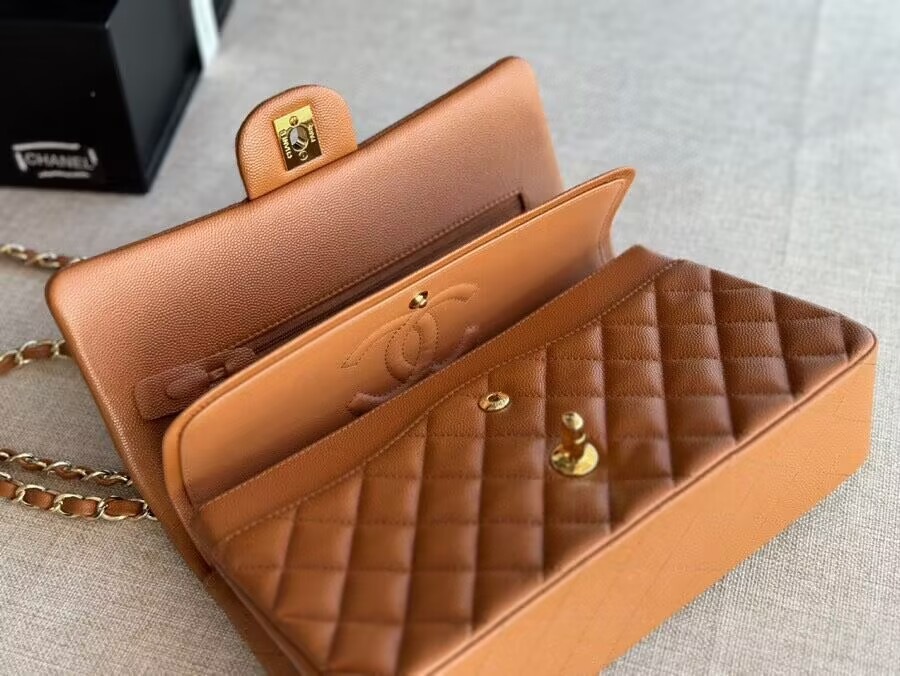 Ch**el Classic Handbag in Grained Litchi Pattern Calfskin & Gold-Tone Metal 6 × 9.9 × 2.5 inches
