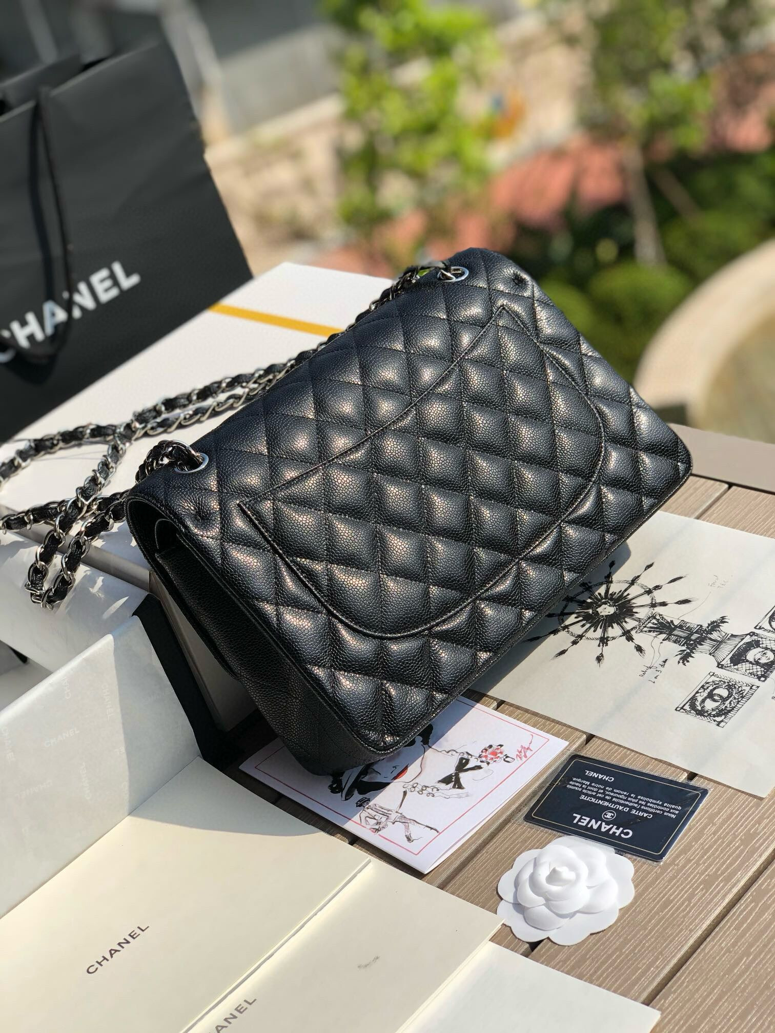 Ch**el Classic Flap Jumbo 30cm CF black Silver  7.6 × 11.7 × 3.9 in