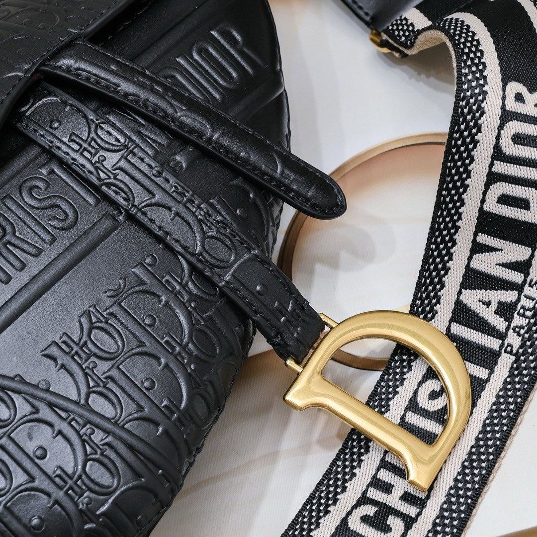 D10r SADDLE BAG WITH STRAP Black Oblique Embossed Calfskin 25.5x20x6.5cm