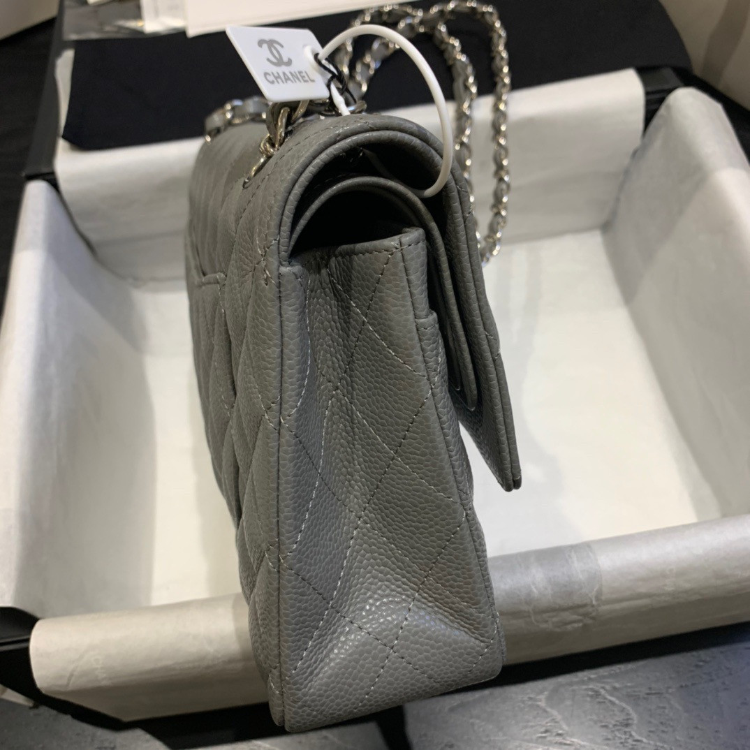 Ch**el Classic Handbag in Grained Litchi Pattern Calfskin & Silver-Tone Metal, Gray 6 × 9.9 × 2.5 inches