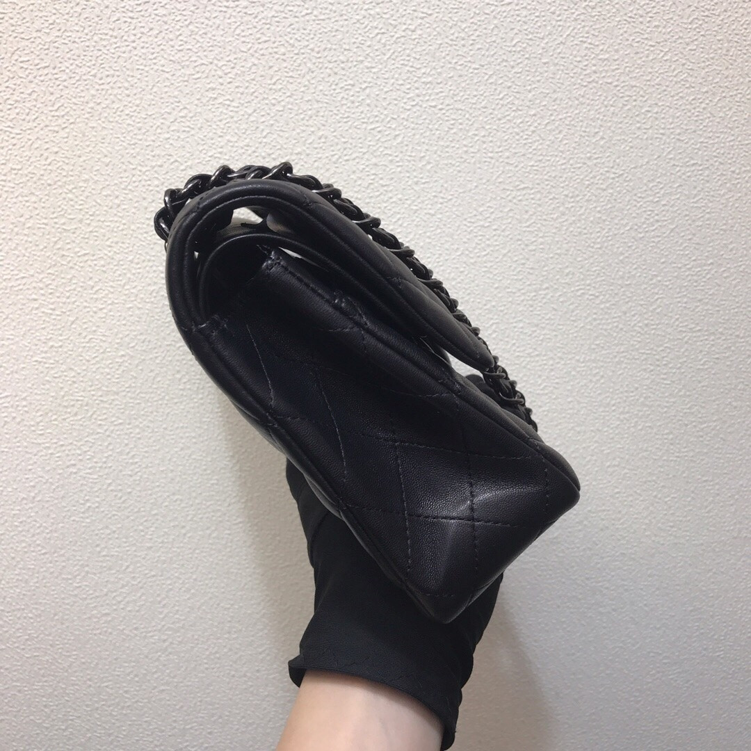 Ch**el CRUMPLED CALFSKIN QUITED DOUBLE FLAP BLACK  15.5x25.5x6.5cm
