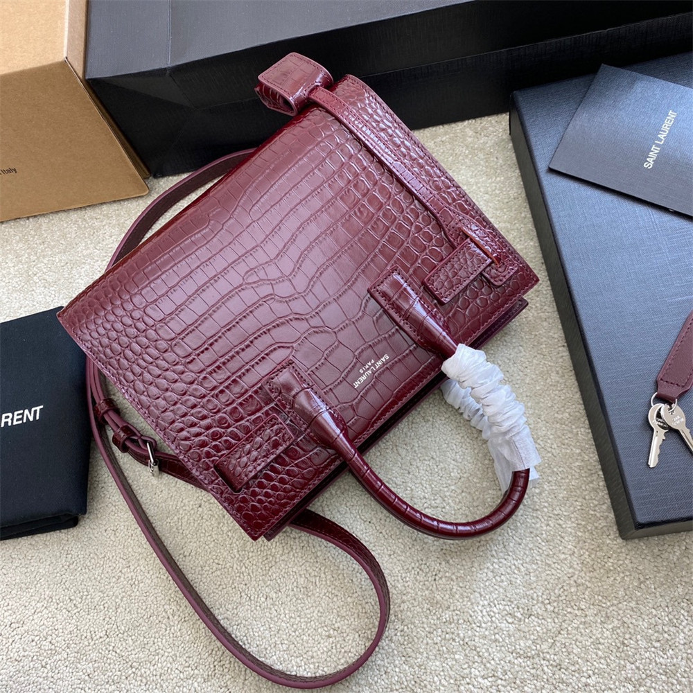Y51 SAC DE JOUR NANO IN CROCODILE EMBOSSED LEATHER ROUGE LEGION 8.6 X 6.8 X 3.5 INCHES