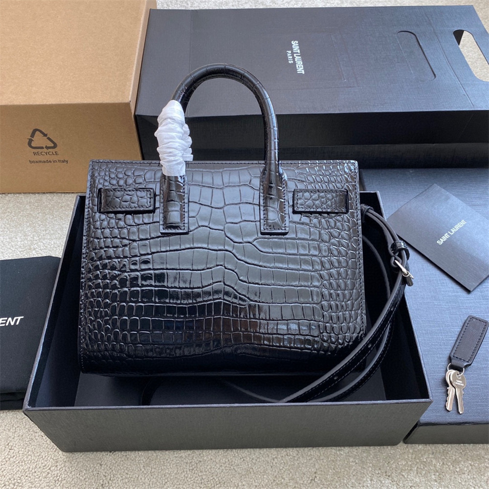 Y51 SAC DE JOUR NANO IN CROCODILE EMBOSSED LEATHER BLACK 8.6 X 6.8 X 3.5 INCHES