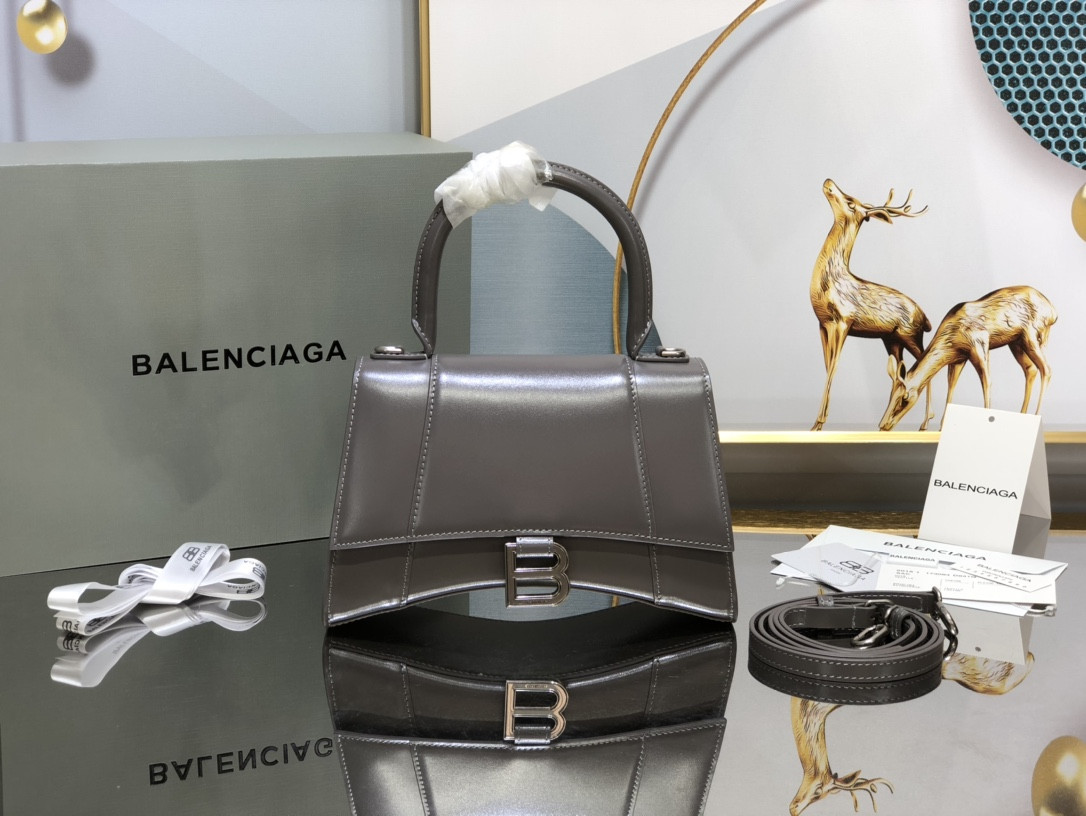 Ba1en*iaga WOMEN'S HOURGLASS SMALL HANDBAG IN SHINY GREY BROWN BOX L9 x H5,5 x W3,9 inch