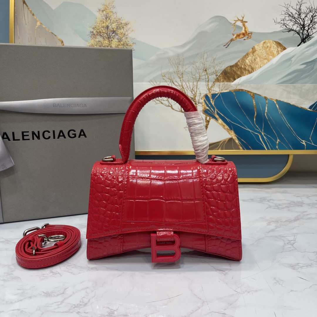 Ba1en*iaga WOMEN'S HOURGLASS MINI HANDBAG CROCODILE EMBOSSED IN RED L7.4 x H5.1 x W3.1 inch