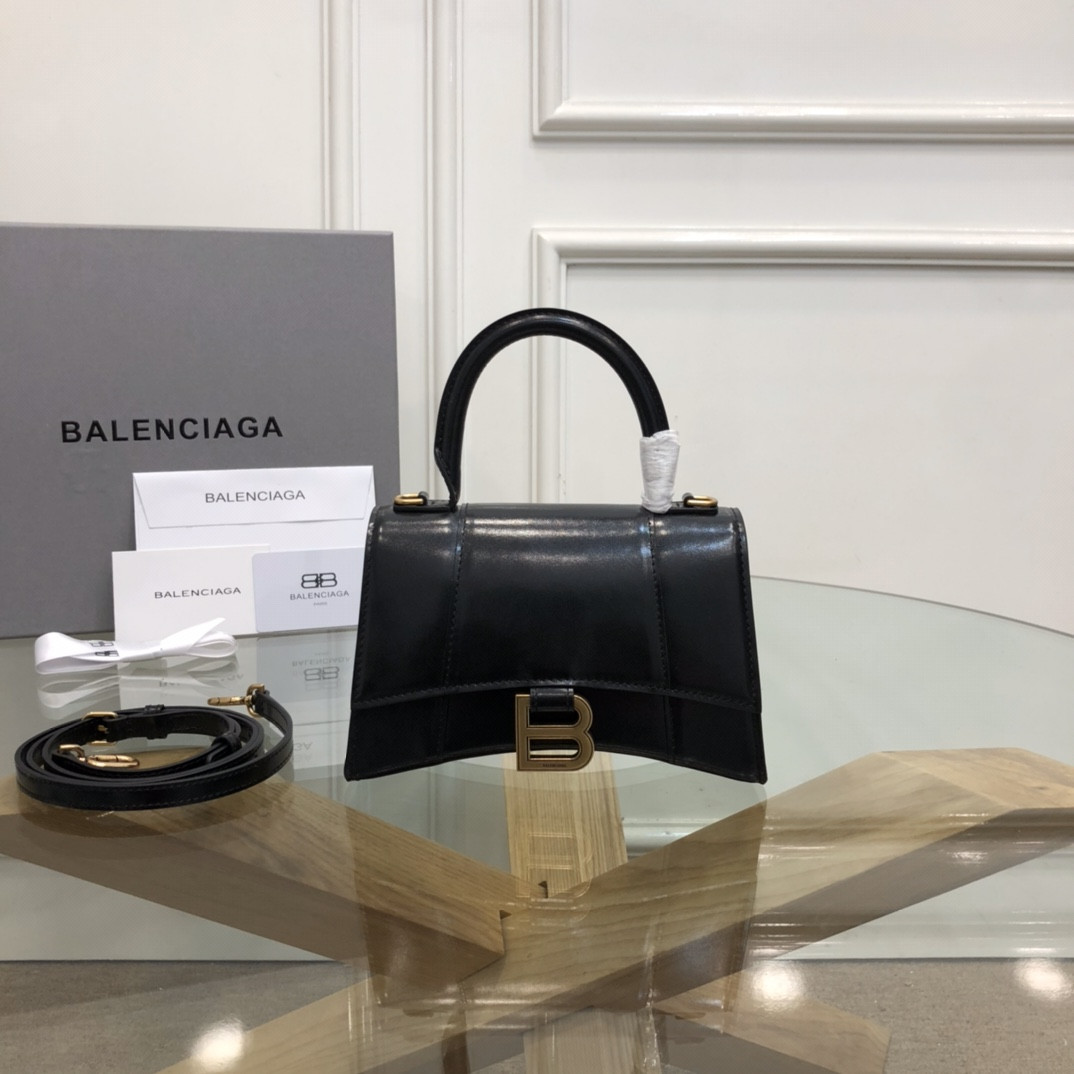 Ba1en*iaga WOMEN'S HOURGLASS MINI HANDBAG BOX IN BLACK WITH GOLD HARDWARE L7.4 x H5.1 x W3.1 inch
