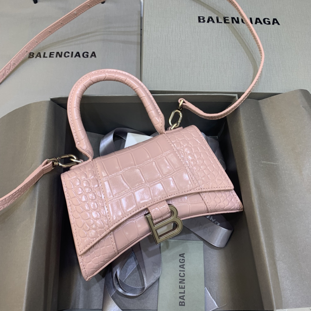 Ba1en*iaga WOMEN'S HOURGLASS MINI HANDBAG CROCODILE EMBOSSED IN PINK L7.4 x H5.1 x W3.1 inch