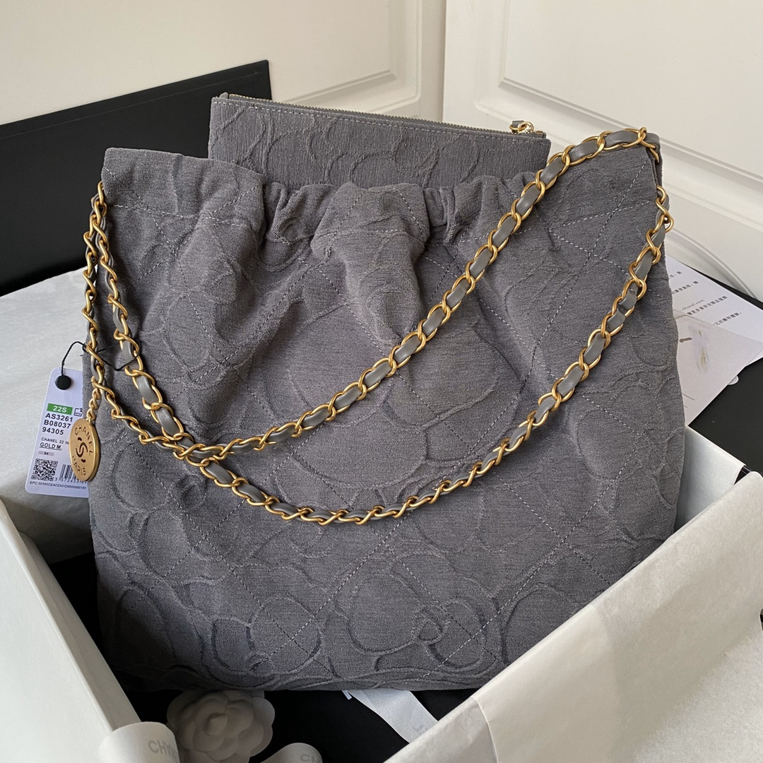 Ch**el 22 HANDBAG velvet GREY 15.2×16.4×3.1 in