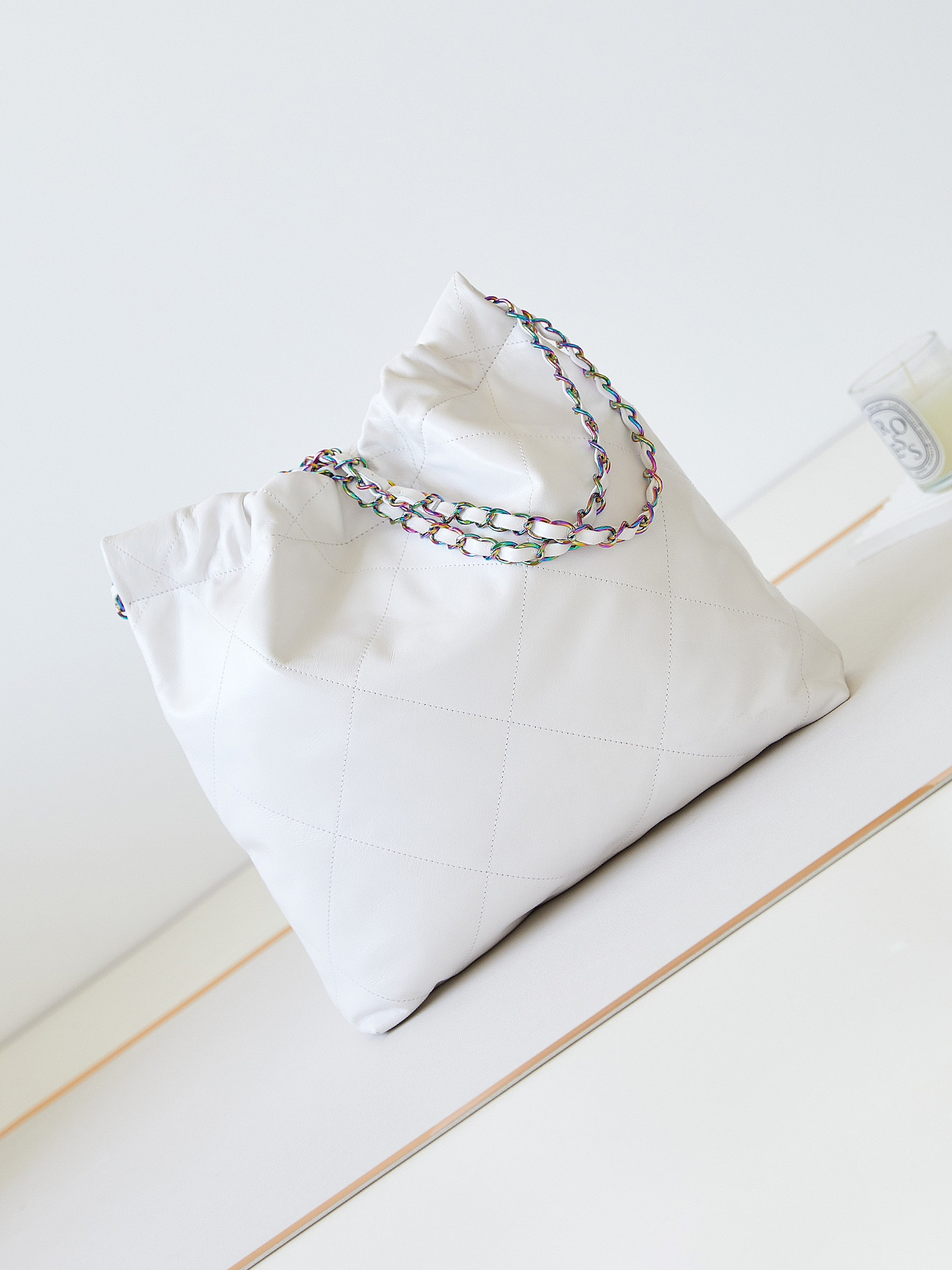 Ch**el 22 SMALL HANDBAG Shiny Calfskin & Rainbow Metal White 13.7×14.4×2.7 in