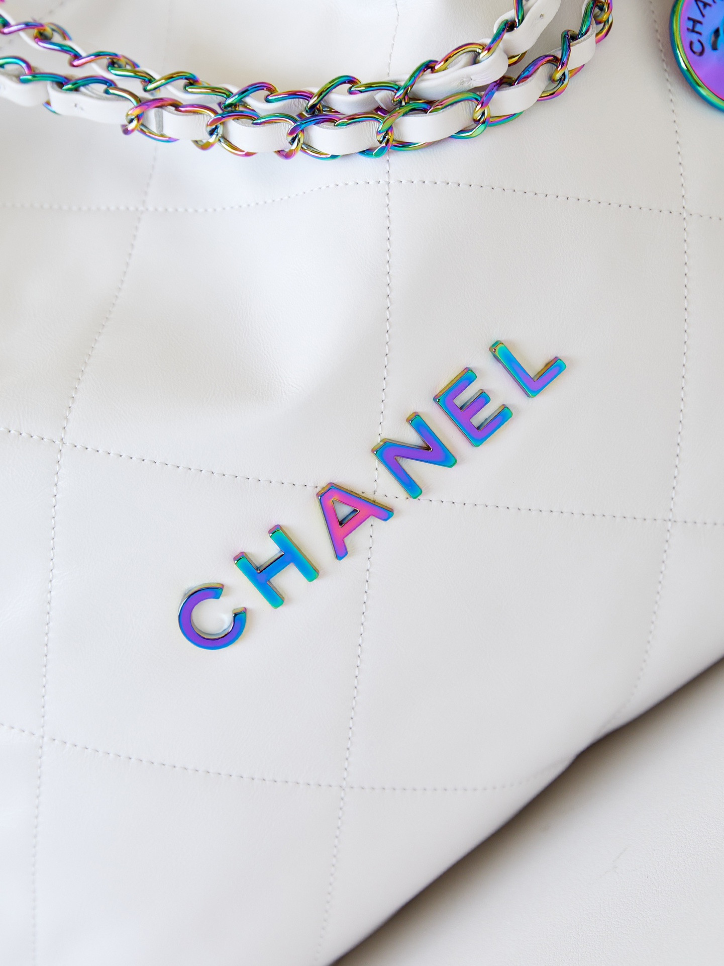 Ch**el 22 SMALL HANDBAG Shiny Calfskin & Rainbow Metal White 15.2×16.4×3.1 in