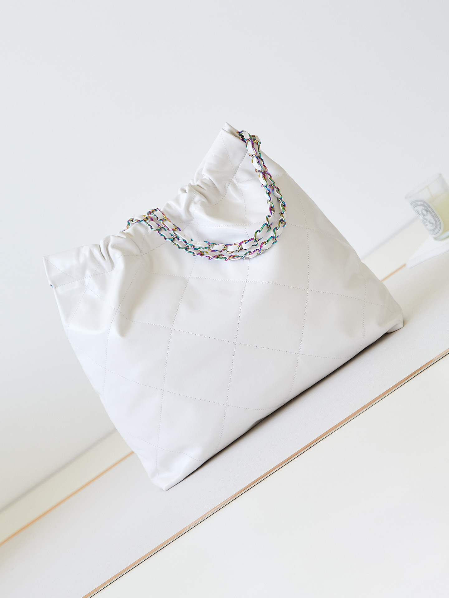 Ch**el 22 SMALL HANDBAG Shiny Calfskin & Rainbow Metal White 15.2×16.4×3.1 in