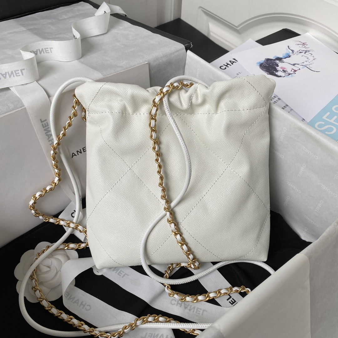 Ch**el 22 MINI HANDBAG GRAINED LEATHER WHITE 7.8 × 7.4 × 2.3 in