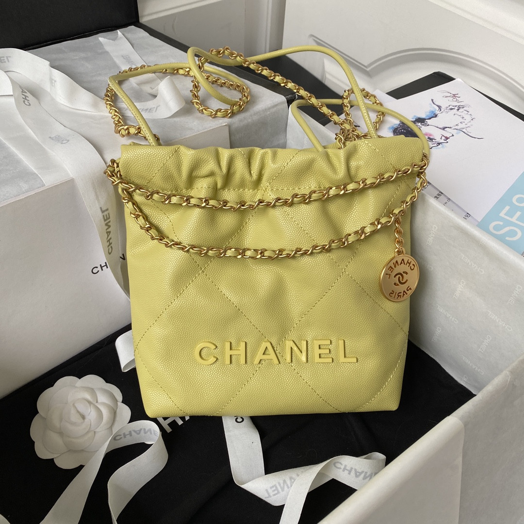Ch**el 22 MINI HANDBAG GRAINED LEATHER YELLOW 7.8 × 7.4 × 2.3 in