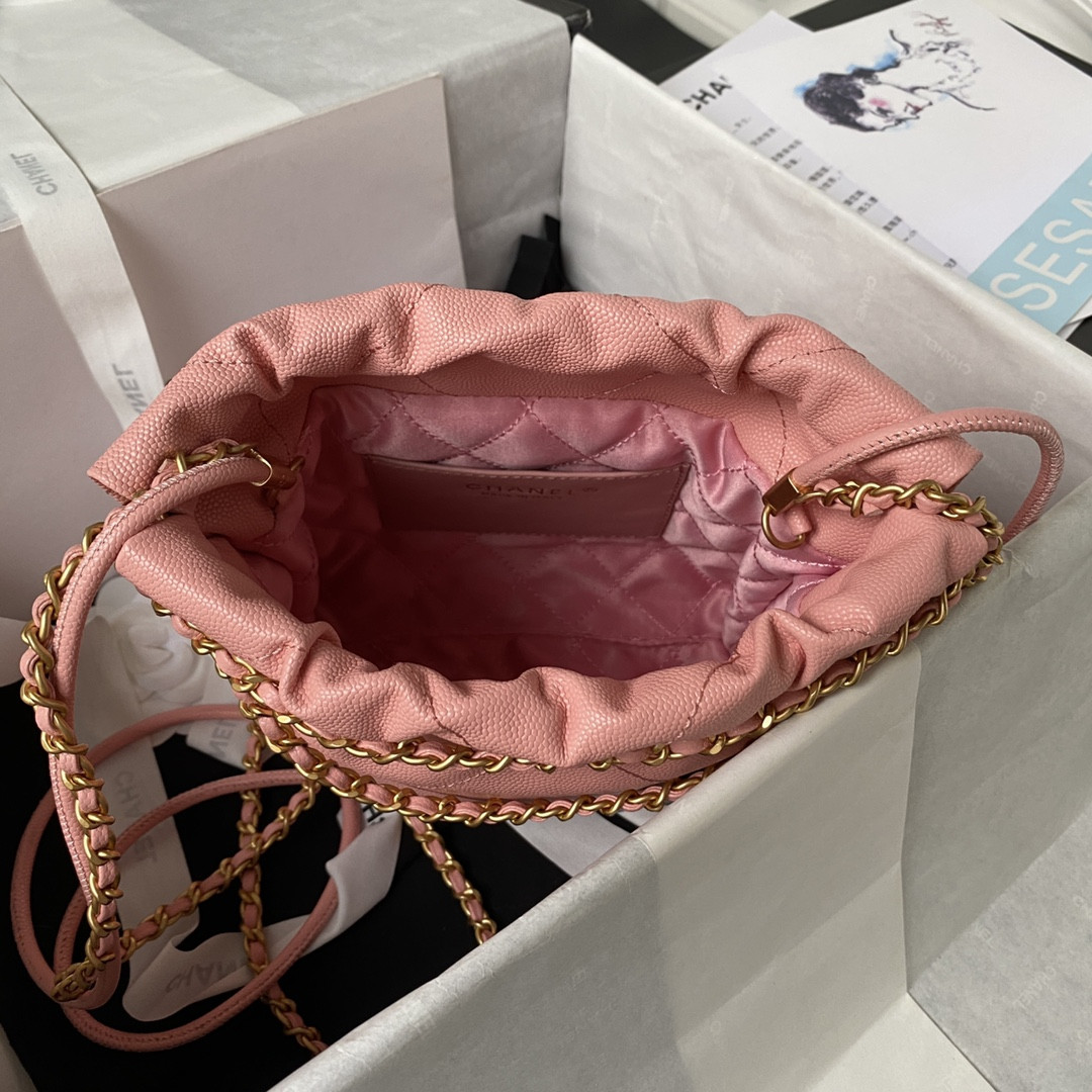 Ch**el 22 MINI HANDBAG GRAINED LEATHER PINK 7.8 × 7.4 × 2.3 in