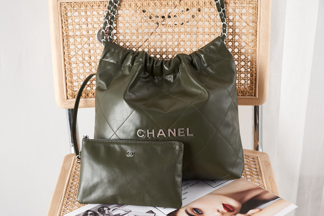Ch**el 22 SMALL HANDBAG Shiny Calfskin & SILVER Metal BLACK 13.7×14.4×2.7 in
