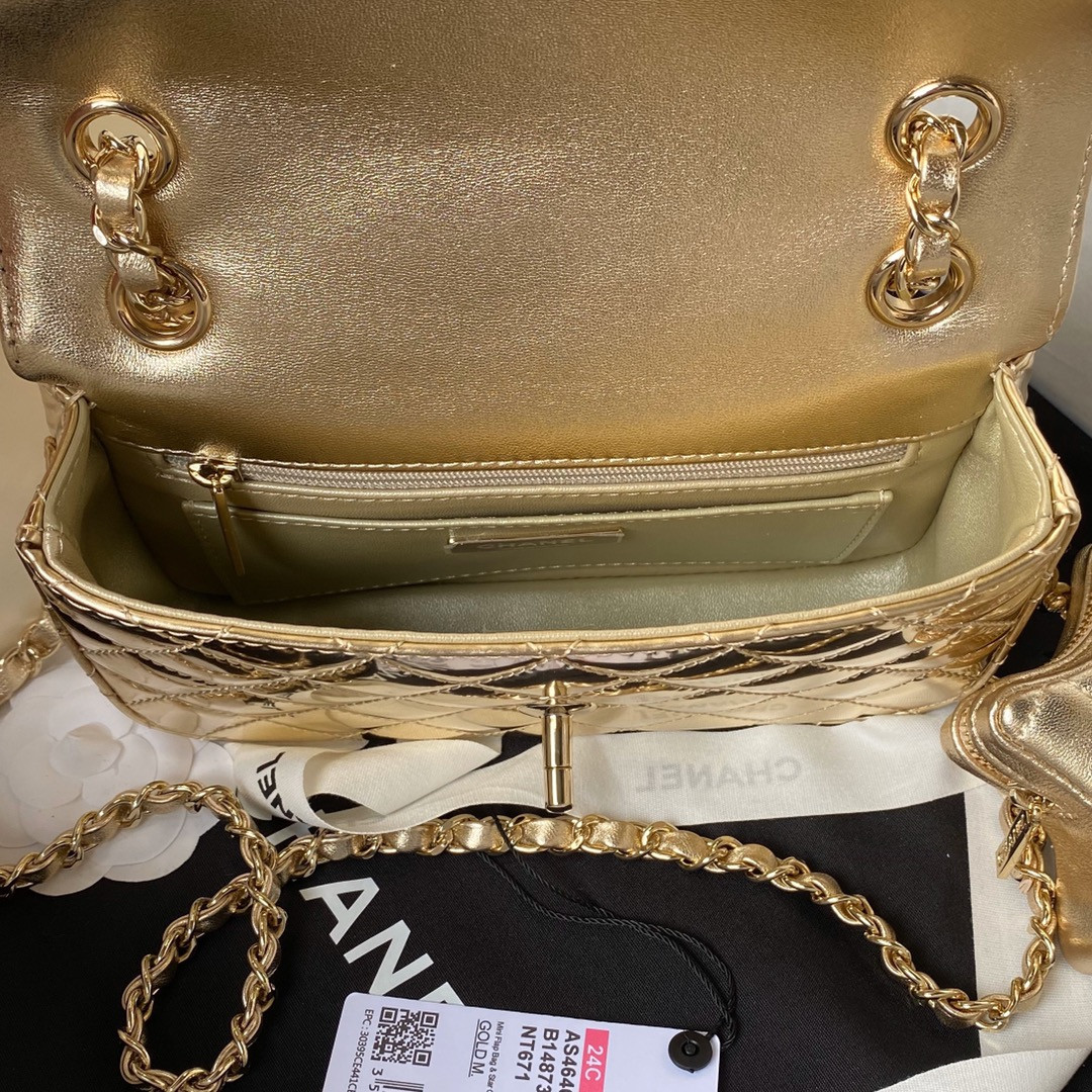 Ch**el FLAP BAG & STAR COIN PURSE GOLD 12.5×19×5cm