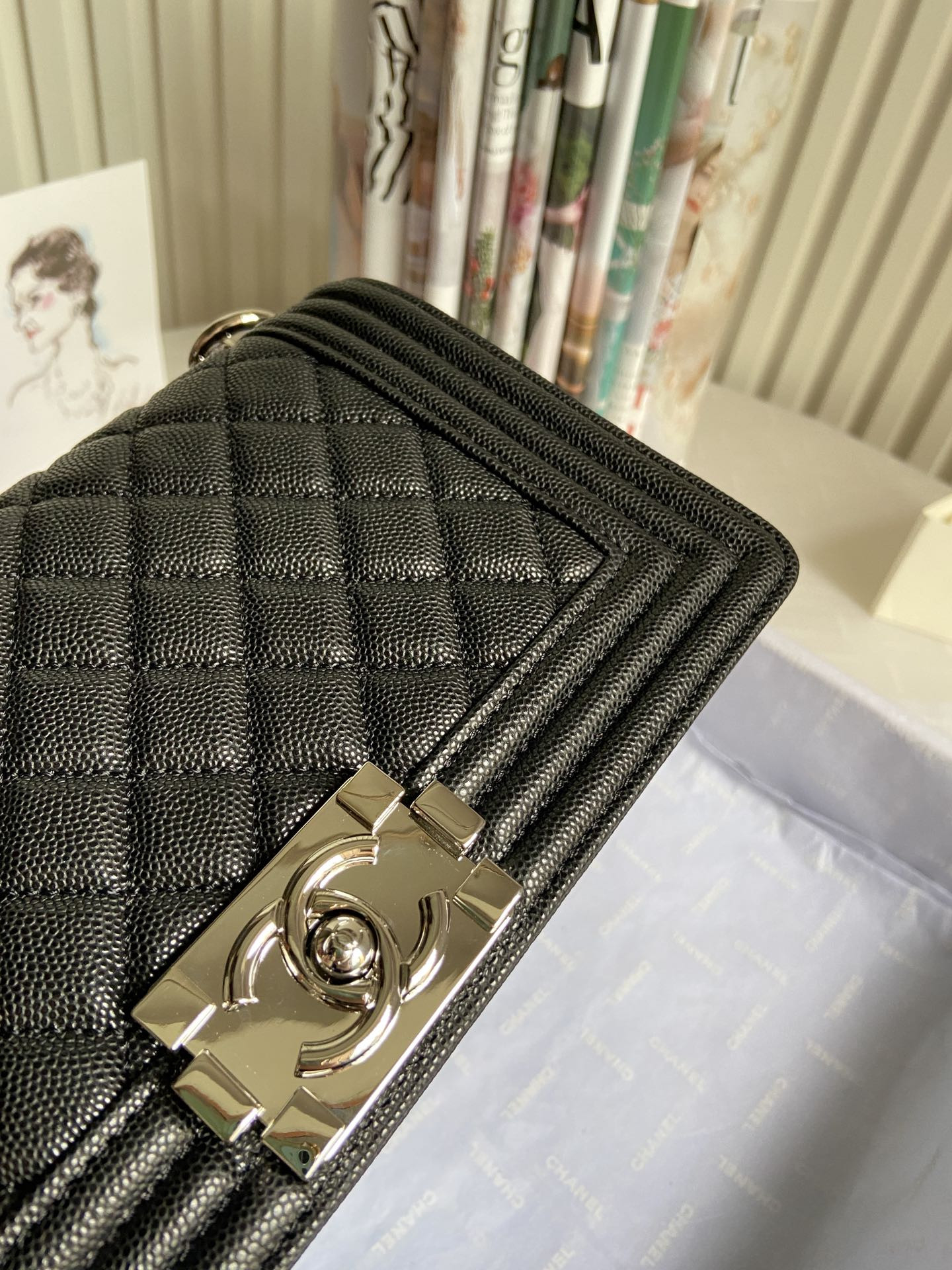 BOY Ch**el HANDBAG Shiny Grained Calfskin & Silver-Tone Metal Black 5.9 × 9.8 × 3.5 in