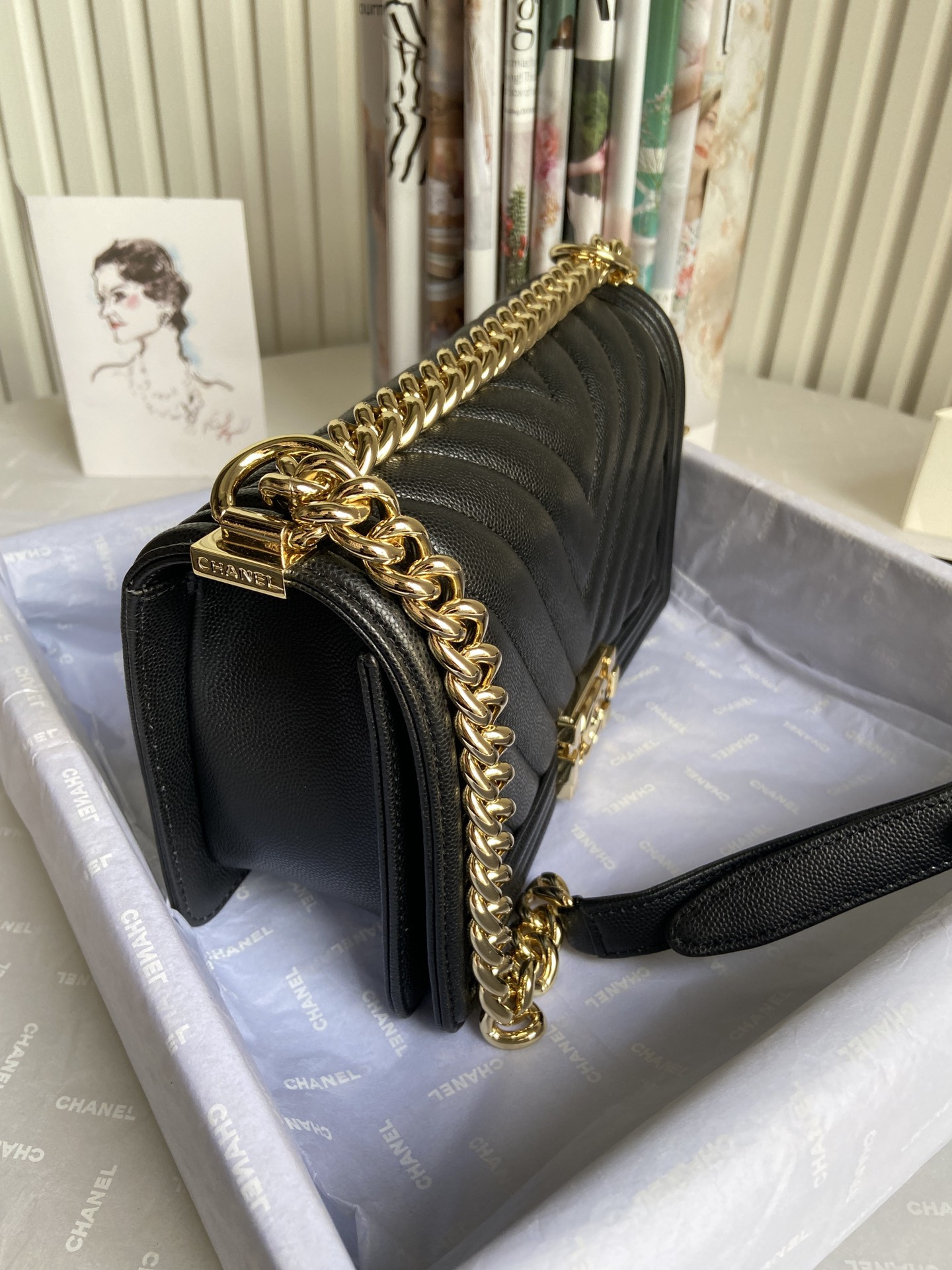 BOY Ch**el HANDBAG Shiny Grained Calfskin & Gold-Tone Metal Black 5.9 × 9.8 × 3.5 in