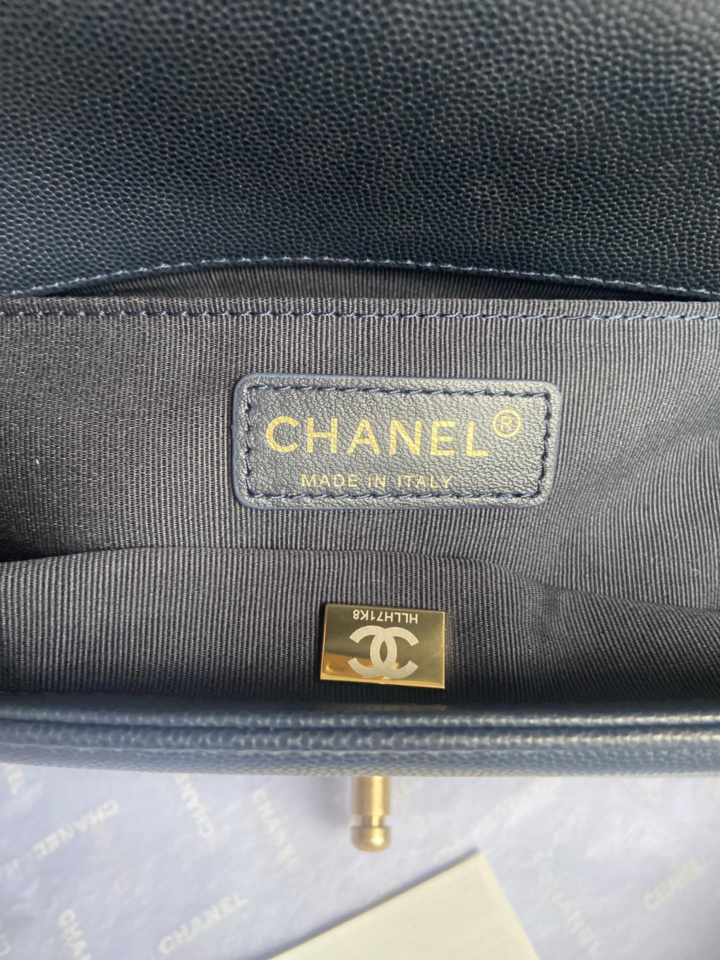 BOY Ch**el HANDBAG Shiny Grained Calfskin & Gold-Tone Metal Navy 5.9 × 9.8 × 3.5 in