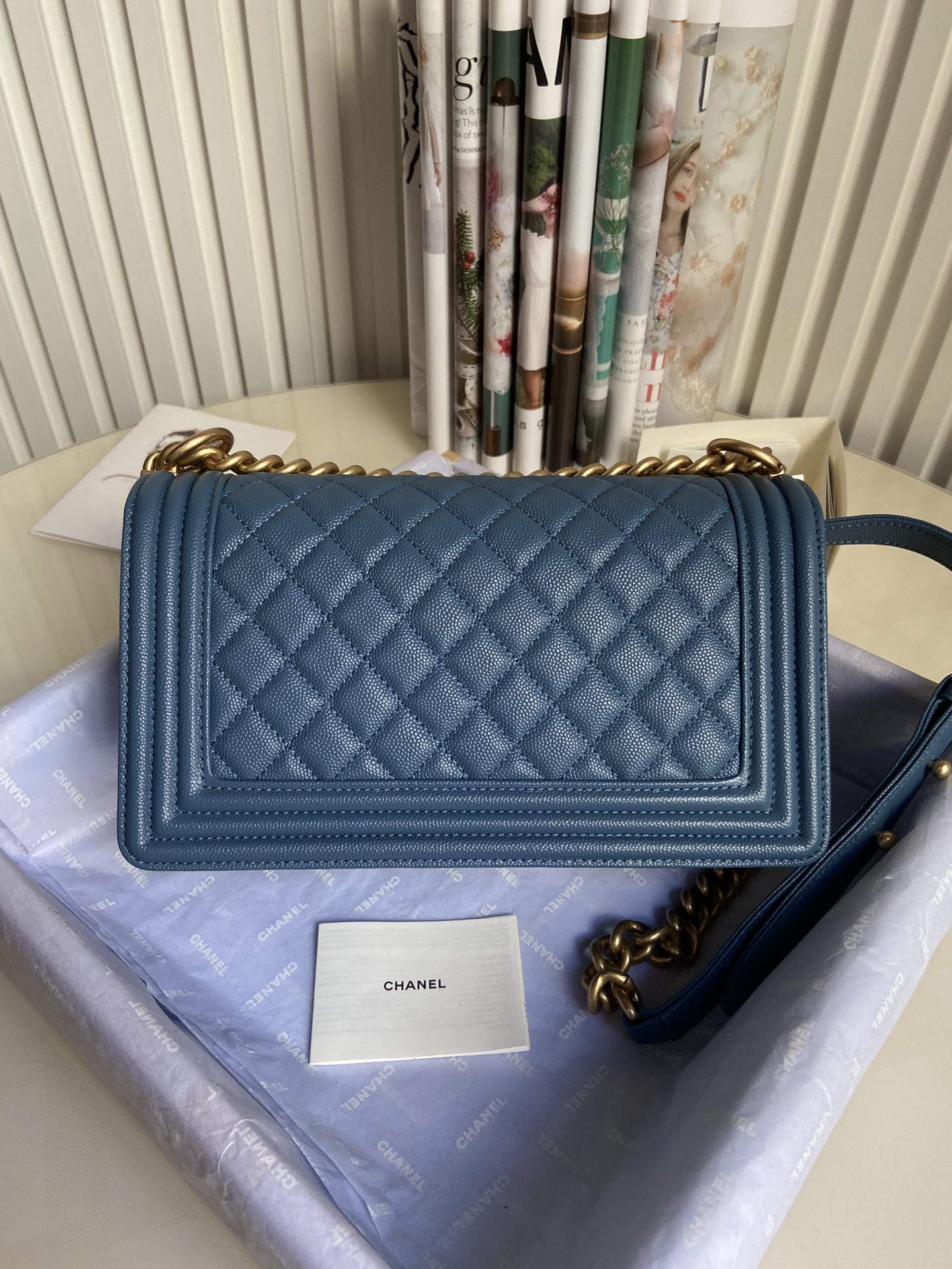 BOY Ch**el HANDBAG Shiny Grained Calfskin & Gold-Tone Metal Blue 5.9 × 9.8 × 3.5 in