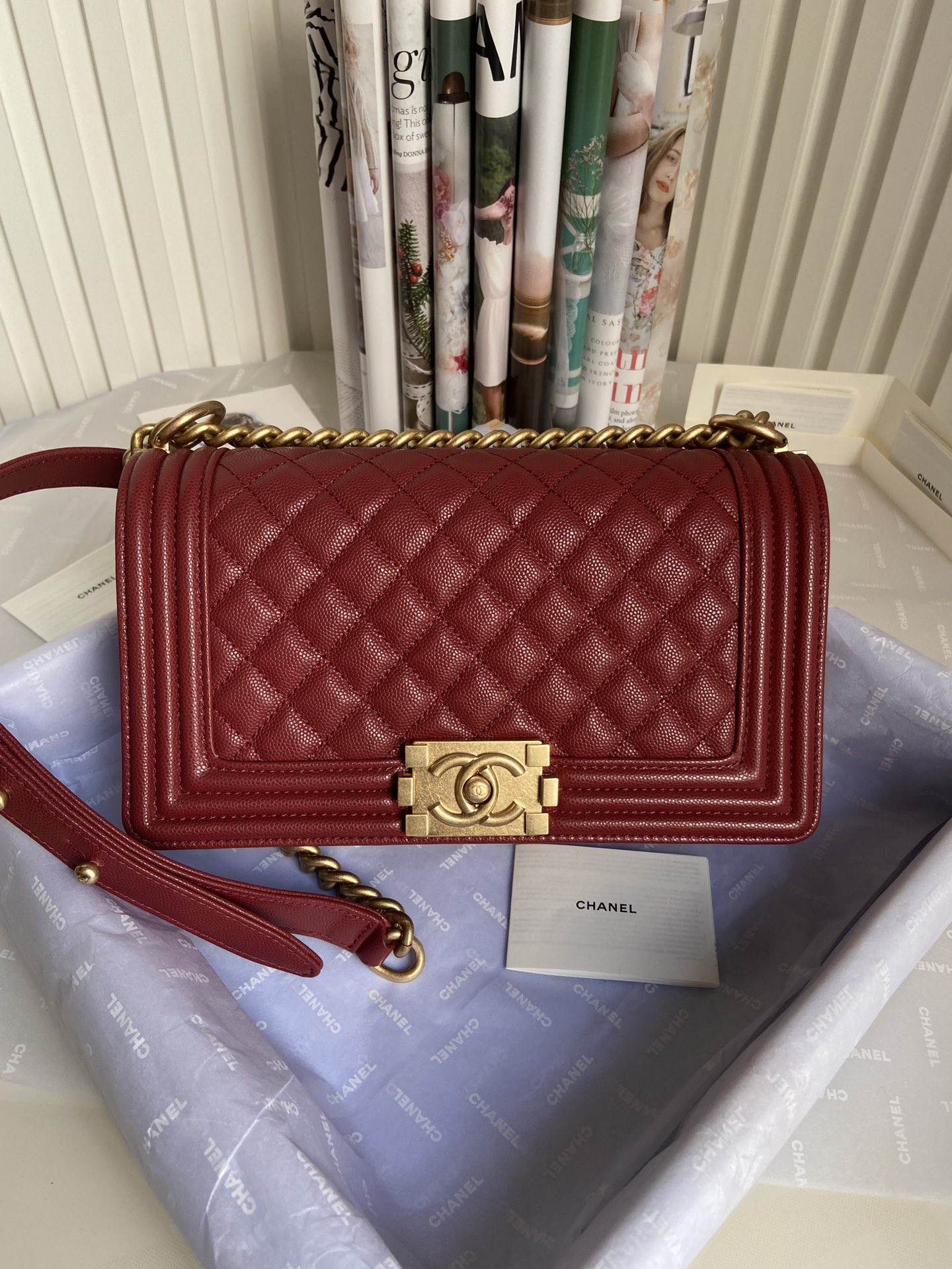 BOY Ch**el HANDBAG Shiny Grained Calfskin & Gold-Tone Metal red 5.9 × 9.8 × 3.5 in