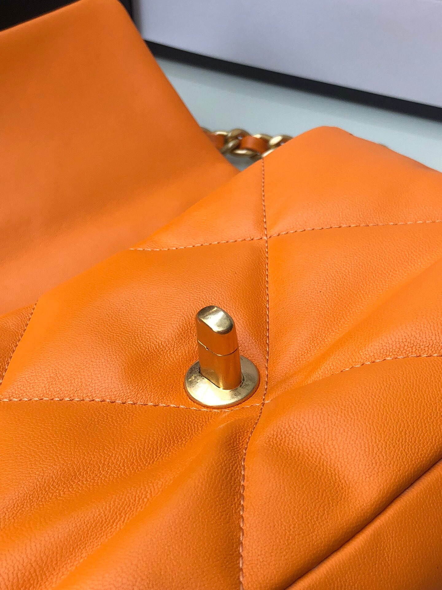 Ch**el 19 HANDBAG Shiny Leather, Gold-Tone, Silver-Tone & Ruthenium-Finish Metal Orange 6.2 × 10.1 × 3.5 in