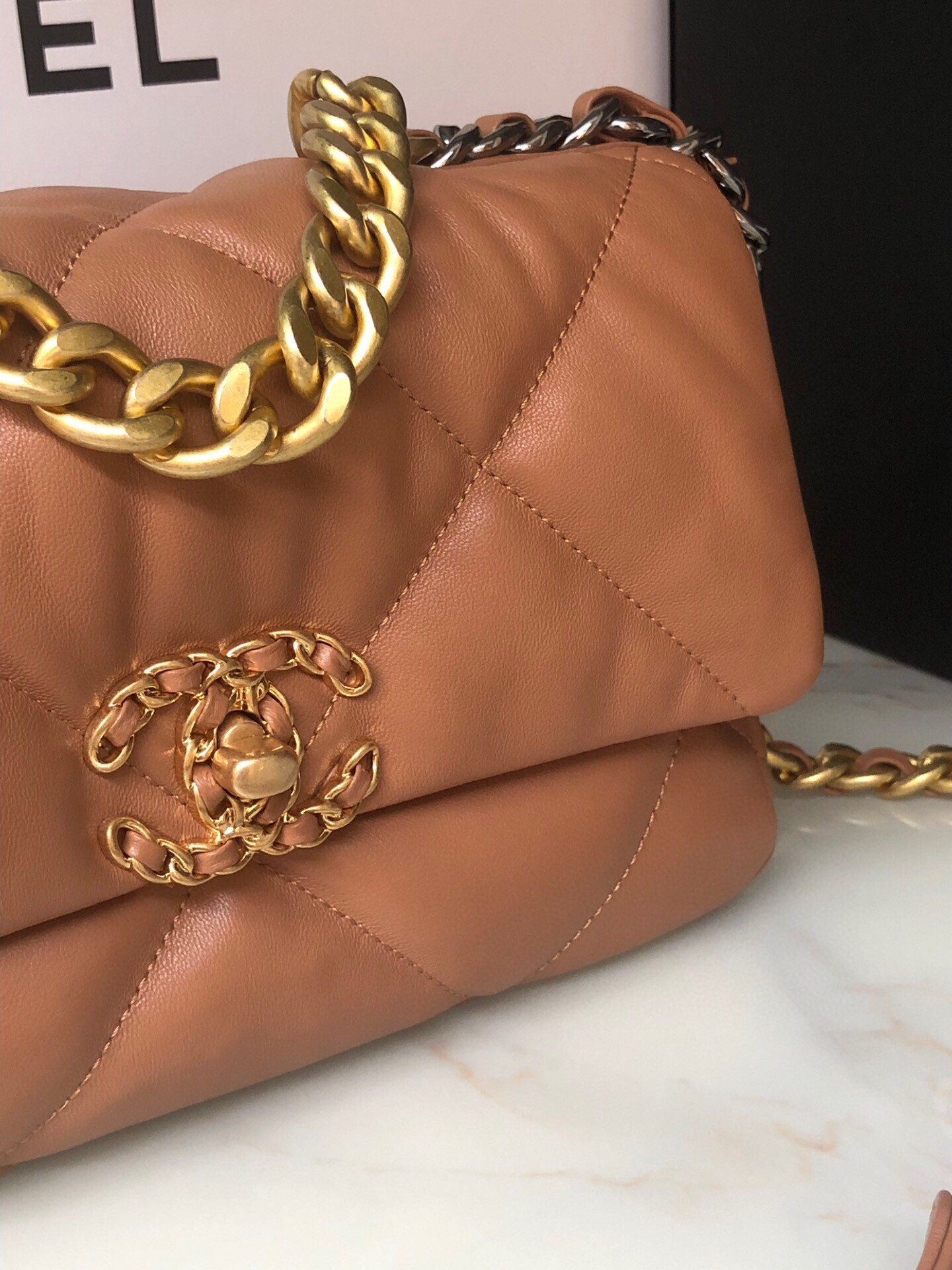 Ch**el 19 HANDBAG Shiny Leather, Gold-Tone, Silver-Tone & Ruthenium-Finish Metal Caramel 6.2 × 10.1 × 3.5 in