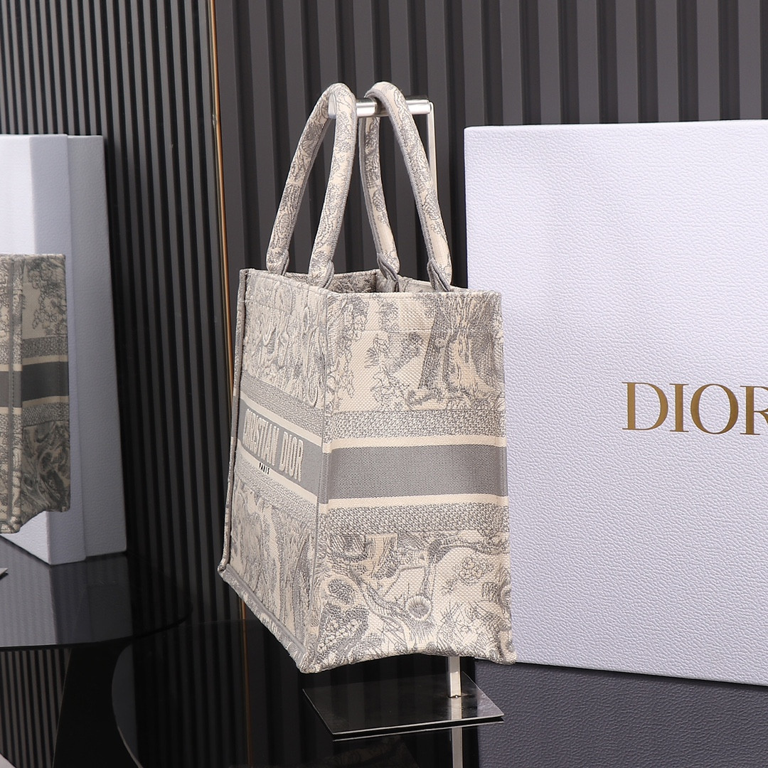 Medium D10r Book Tote Ecru and Gray Toile de Jouy Embroidery 14 x 11 x 6.5 inches