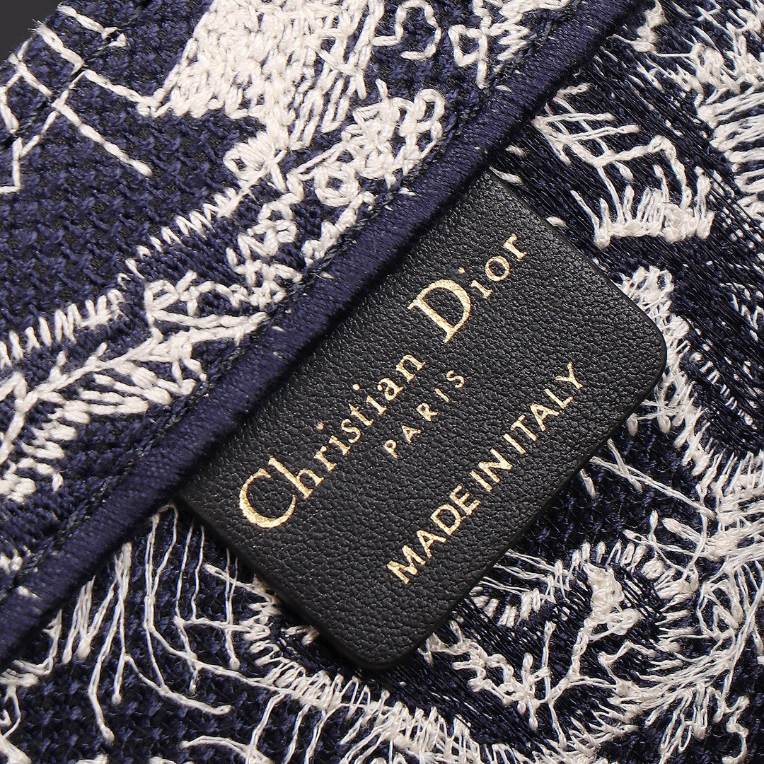 Medium D10r Book Tote  Blue and Ecru Toile de Jouy Reverse Embroidery 14 x 11 x 6.5 inches