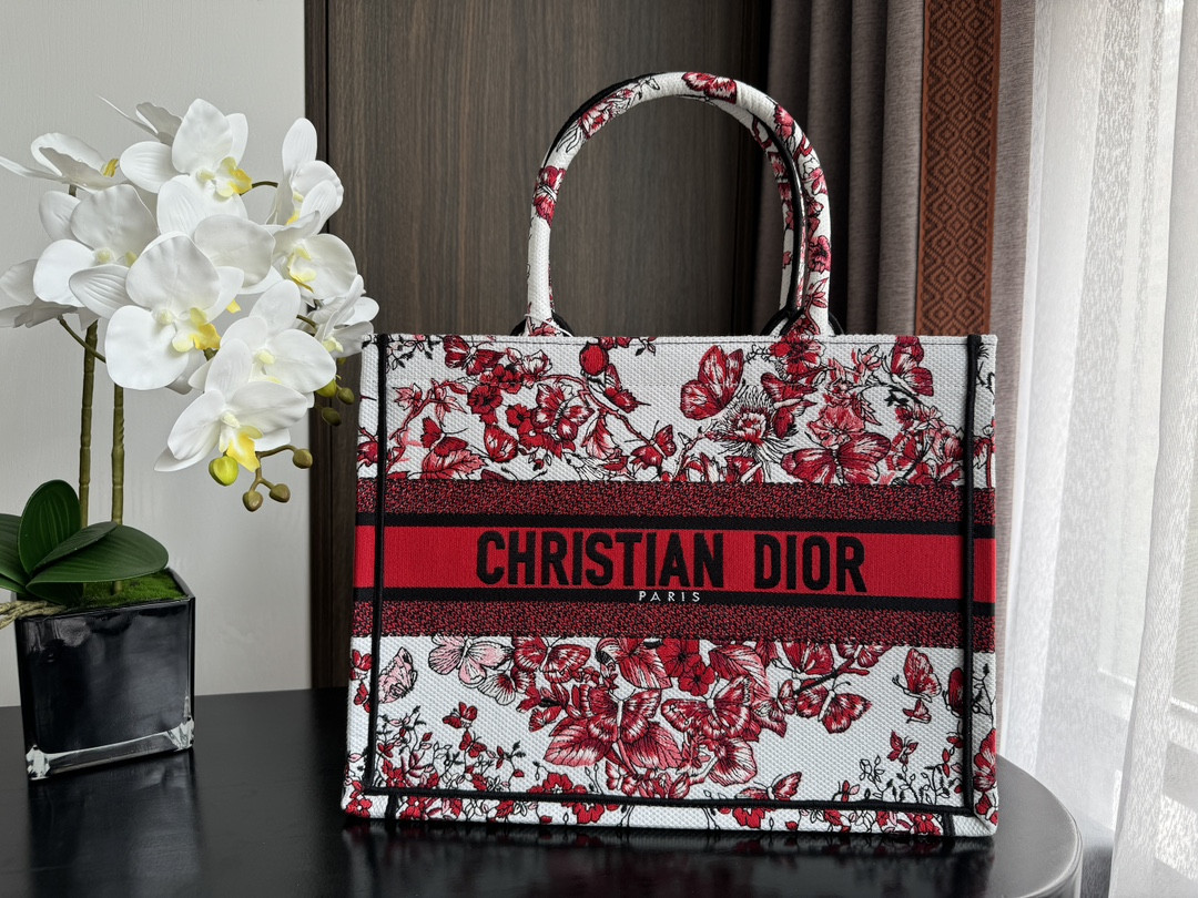 Medium D10r Book Tote  White and Red Le Cœur des Papillons Embroidery 14 x 11 x 6.5 inches