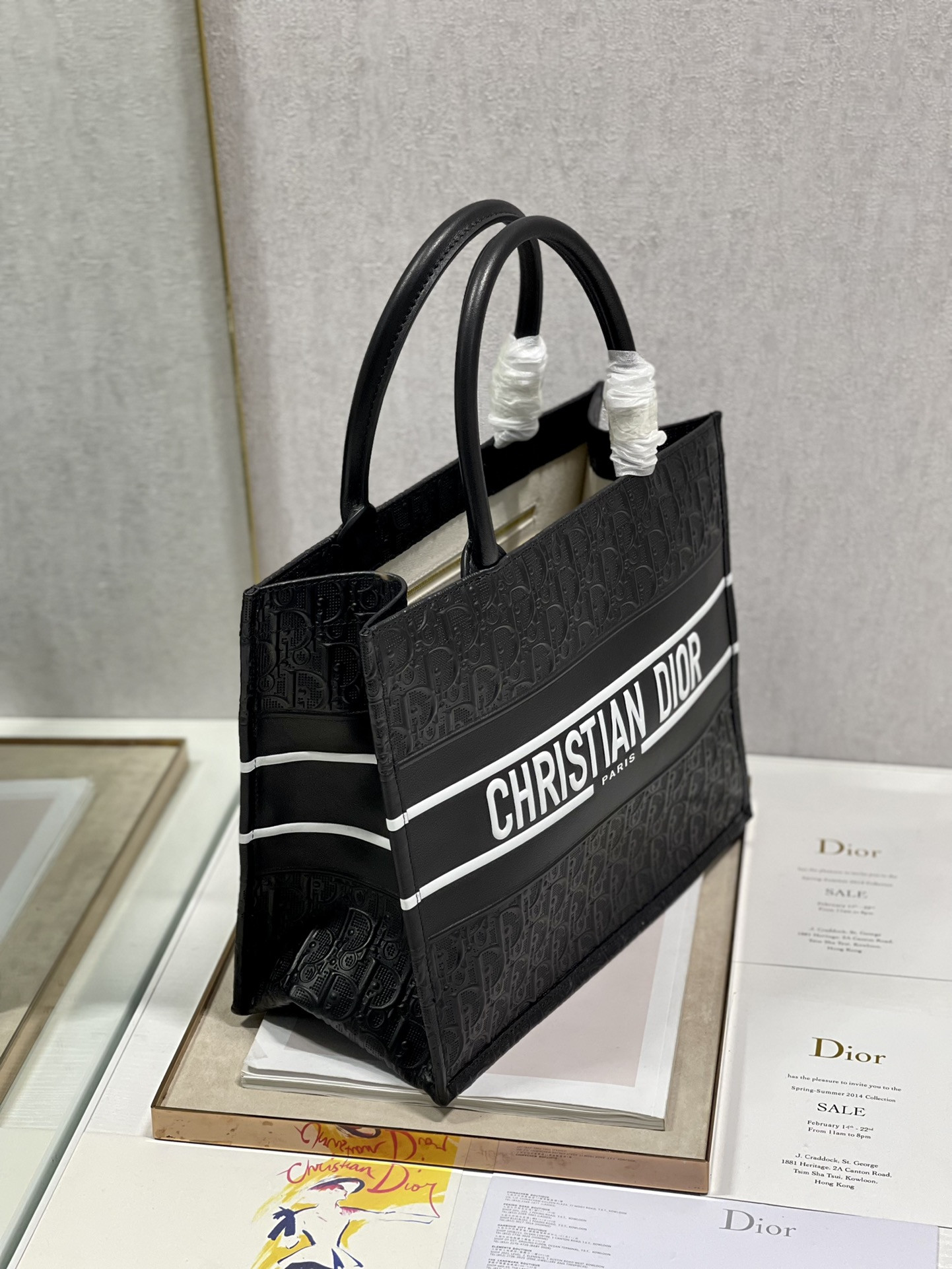 Calfskin Embossed Medium D10r Book Tote Black WHITE 14 x 11 x 6.5 inches