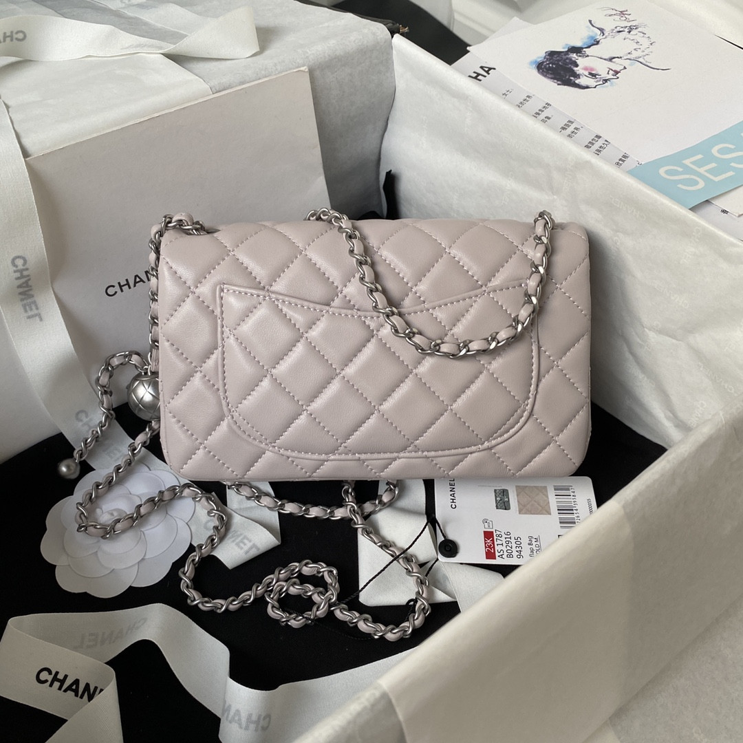 Ch**el MINI FLAP BAG SHINY CALFSKIN & SILVER-TONE METAL LIGHT PINK 4.7 × 7.8 × 2.3 in