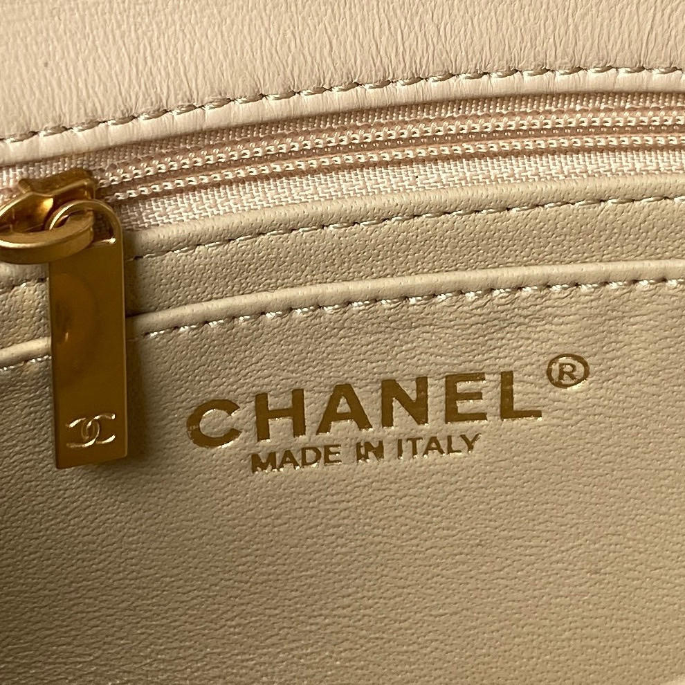 Ch**el MINI FLAP BAG SHINY CALFSKIN & gold-TONE METAL LIGHT beige 4.7 × 7.8 × 2.3 in