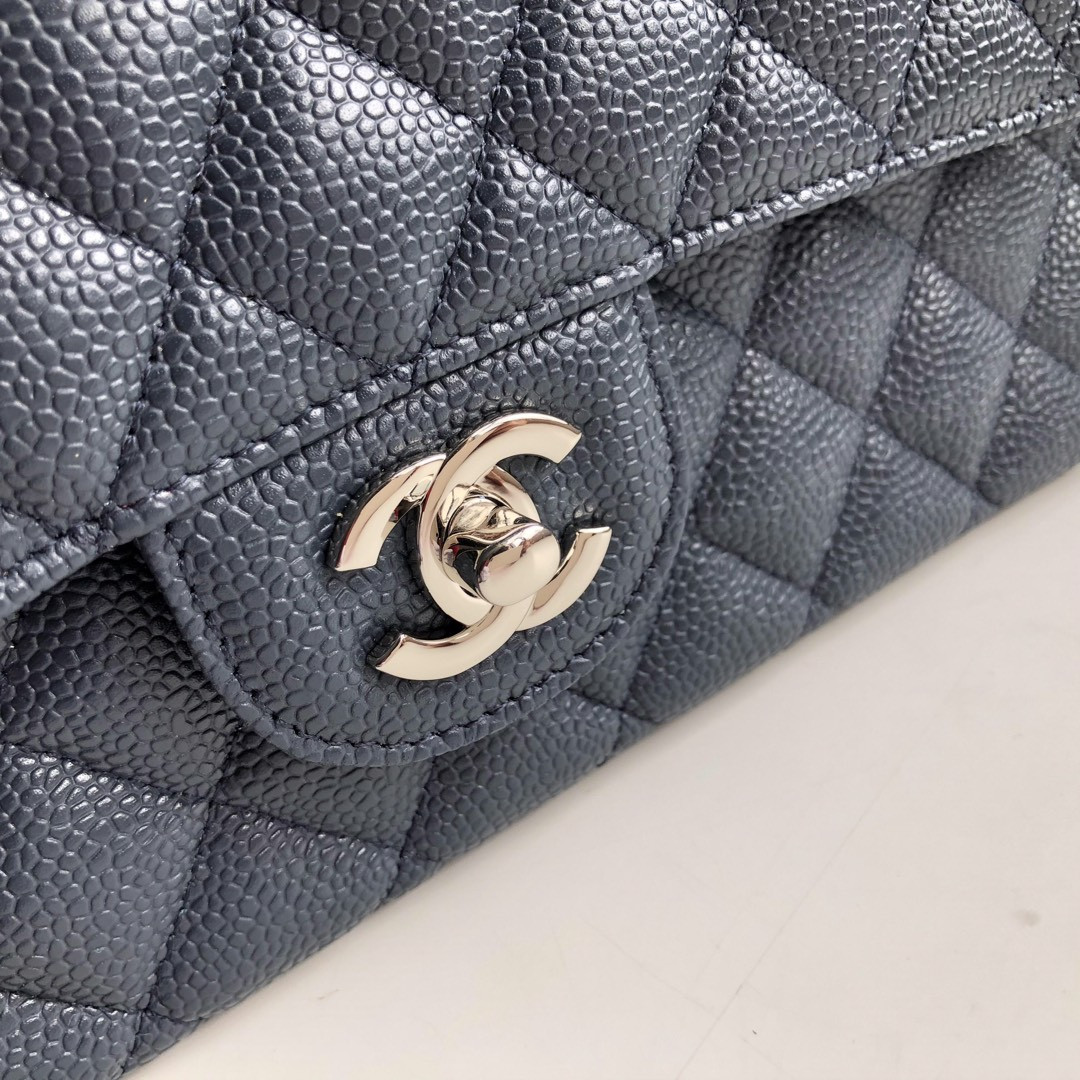 Ch**el CLASSIC HANDBAG GRAINED CALFSKIN & SILVER-TONE METAL NAVY 6 × 9.9 × 2.5 in