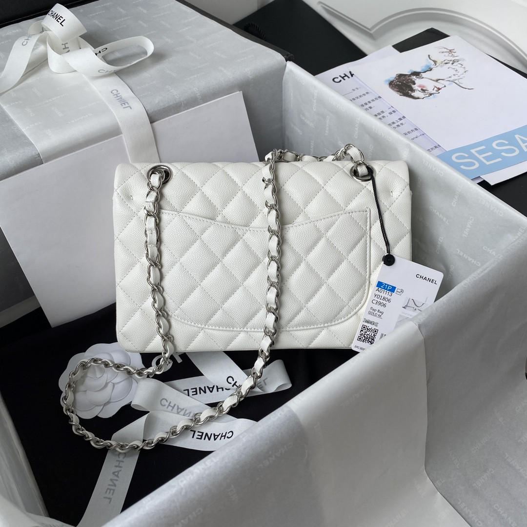 Ch**el SMALL CLASSIC HANDBAG Grained Calfskin & Silver-Tone Metal White 5.7 × 9 × 2.3 in