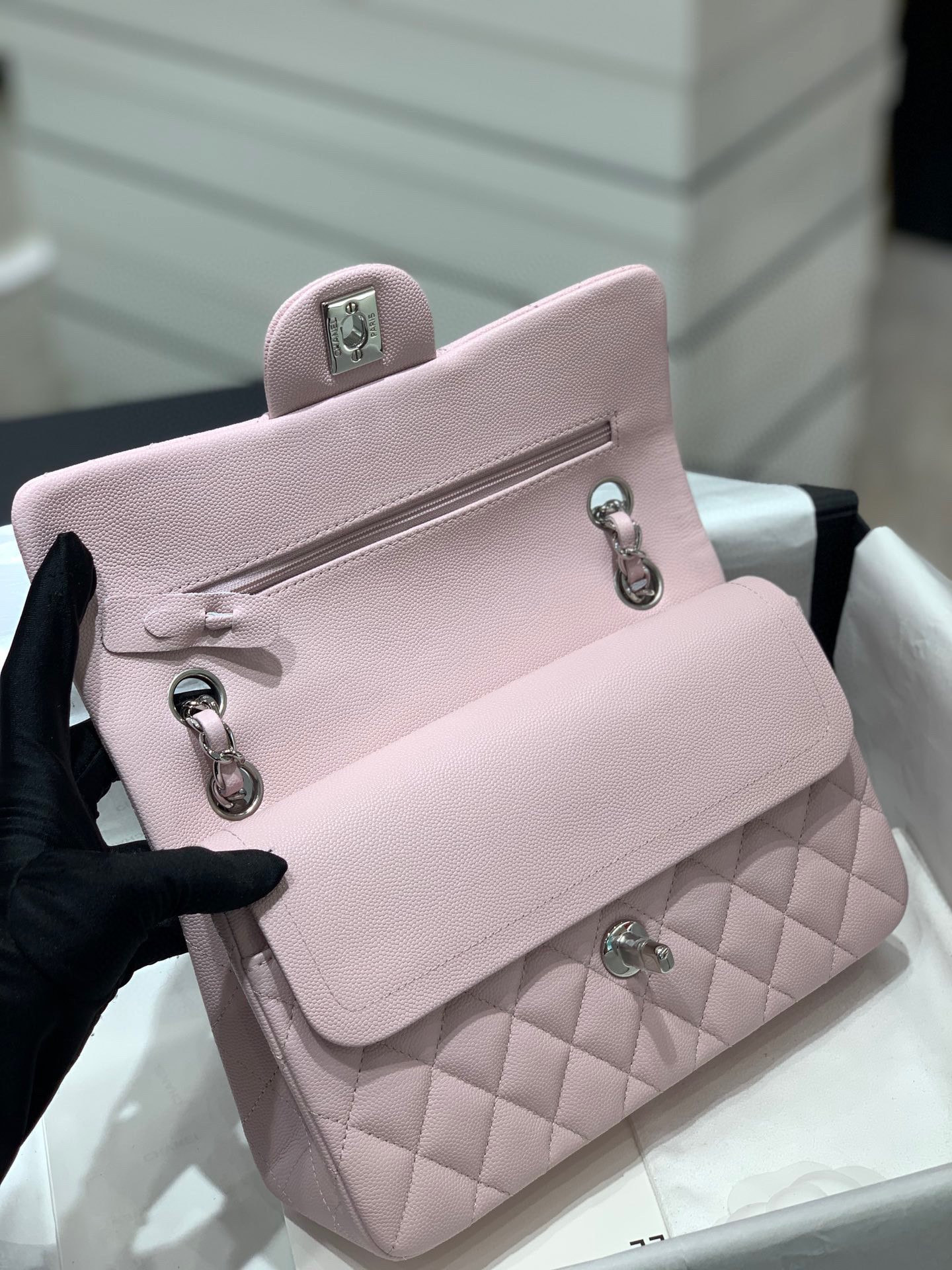 Ch**el CLASSIC HANDBAG Grained Calfskin & Silver-Tone Metal Pink 6 × 9.9 × 2.5 in