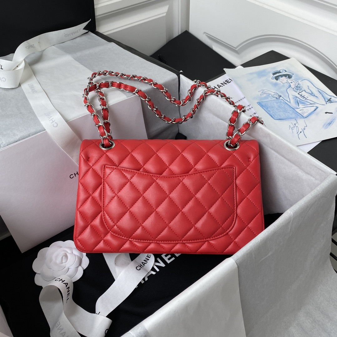 Ch**el SMALL CLASSIC HANDBAG  LAMBSKIN & SILVER-TONE METAL Red 5.7 × 9 × 2.3 IN