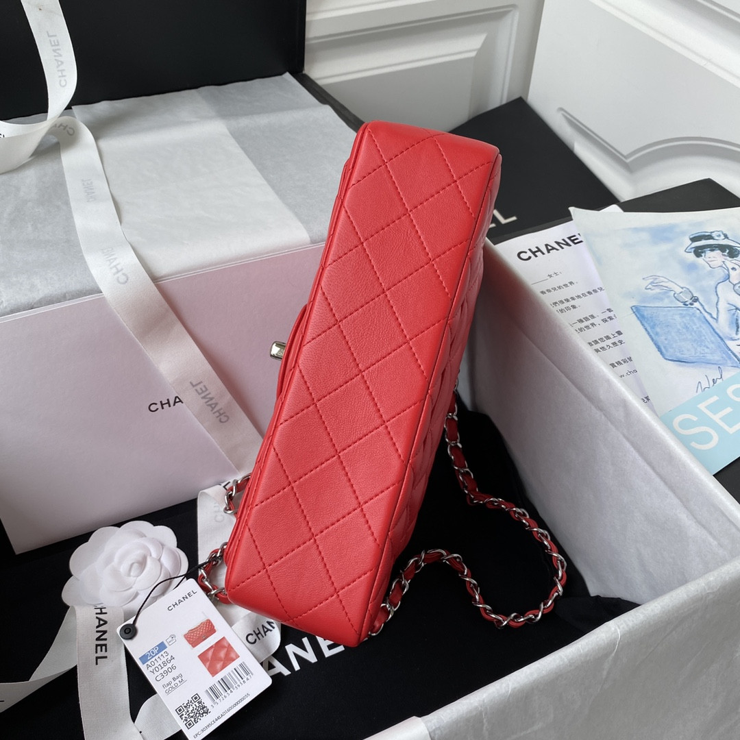 Ch**el SMALL CLASSIC HANDBAG  LAMBSKIN & SILVER-TONE METAL Red 5.7 × 9 × 2.3 IN