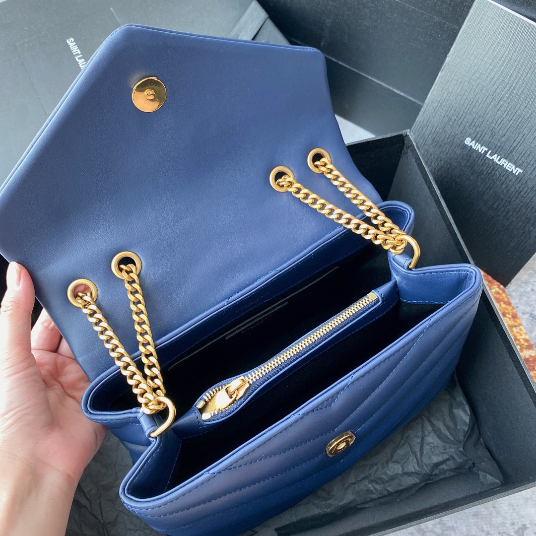 Y51 LOULOU SMALL IN QUILTED LEATHER BLUE GOLD 9 X 6.1 X 3.3 INCHES