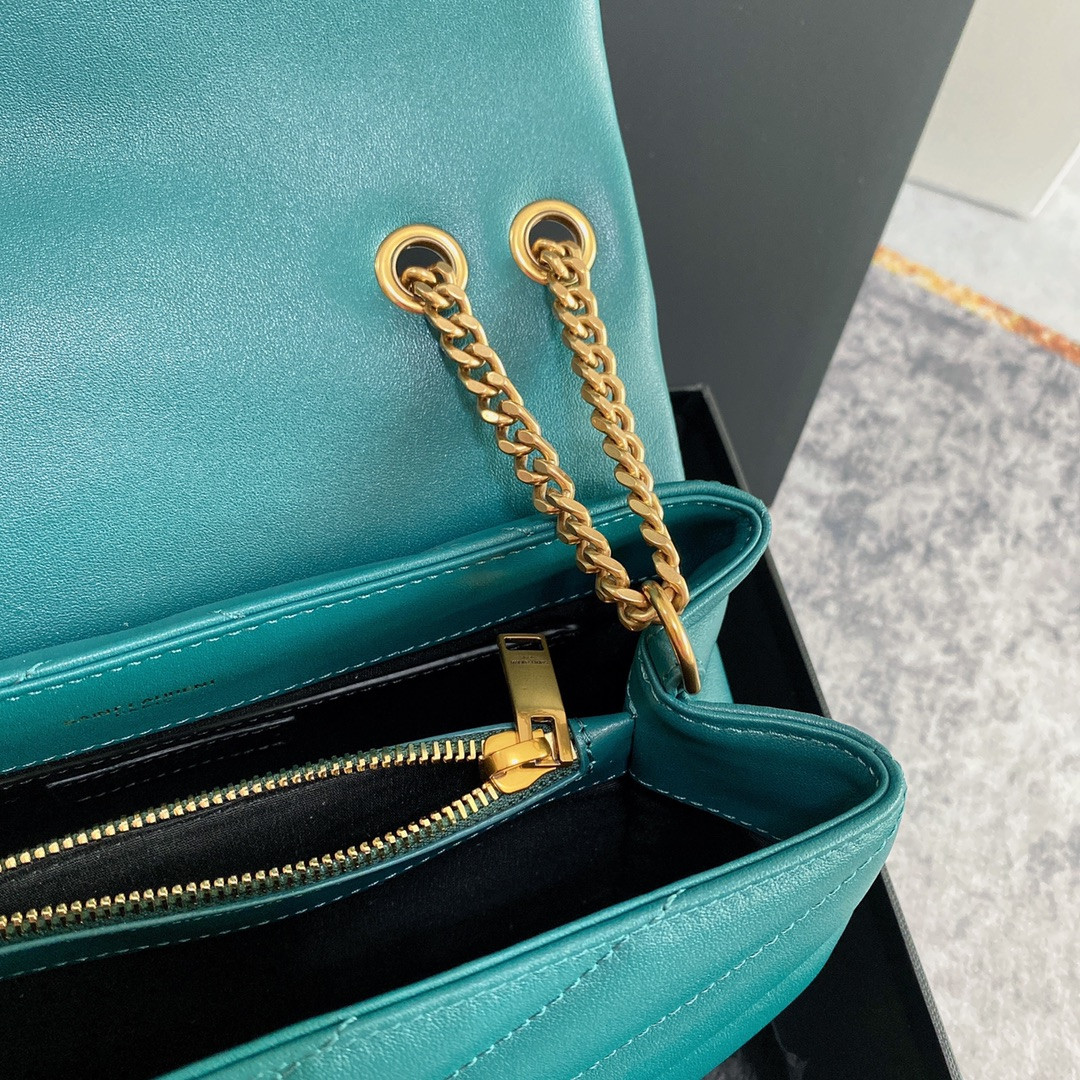Y51 LOULOU SMALL IN QUILTED LEATHER BLUE GOLD 9 X 6.1 X 3.3 INCHES