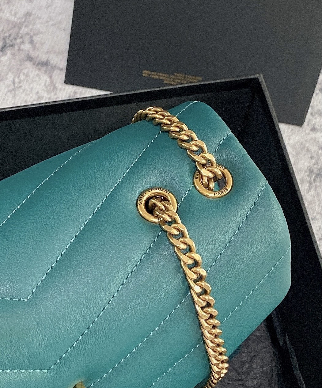 Y51 LOULOU SMALL IN QUILTED LEATHER BLUE GOLD 9 X 6.1 X 3.3 INCHES