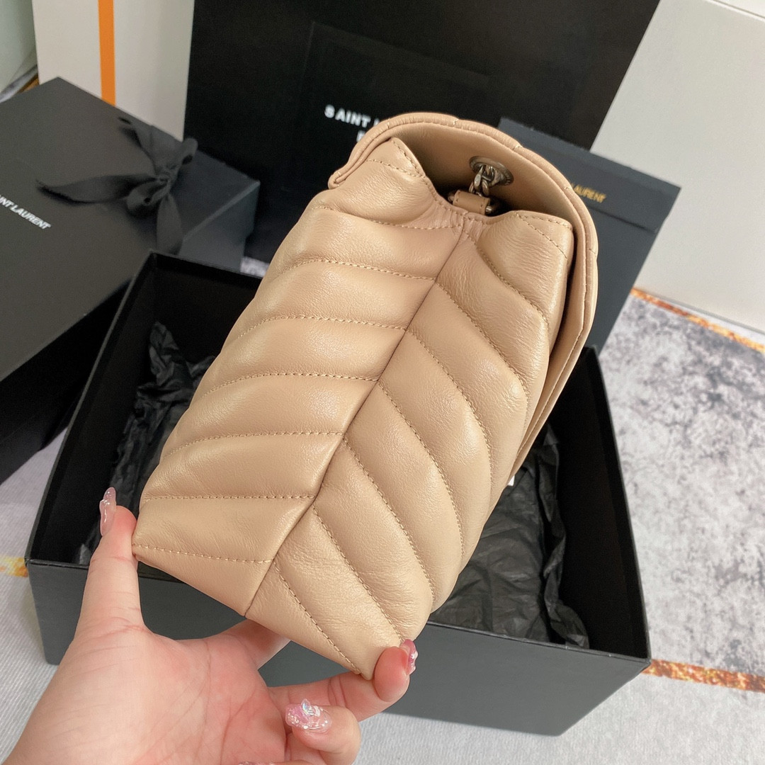 Y51 LOULOU MEDIUM IN QUILTED LEATHER DARK BEIGE SILVER 12.5 X 8.6 X 3.5 INCHES