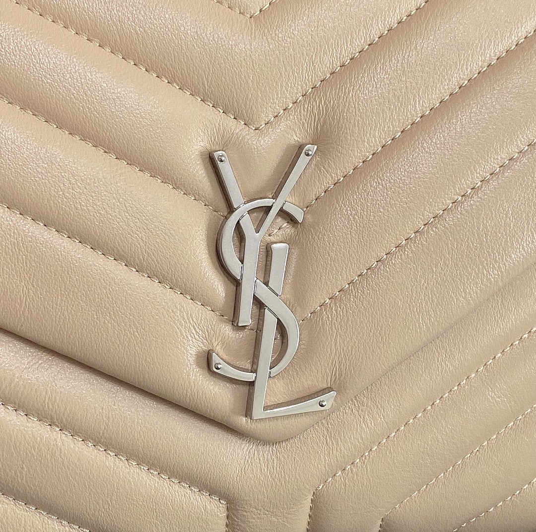 Y51 LOULOU MEDIUM IN QUILTED LEATHER DARK BEIGE SILVER 12.5 X 8.6 X 3.5 INCHES